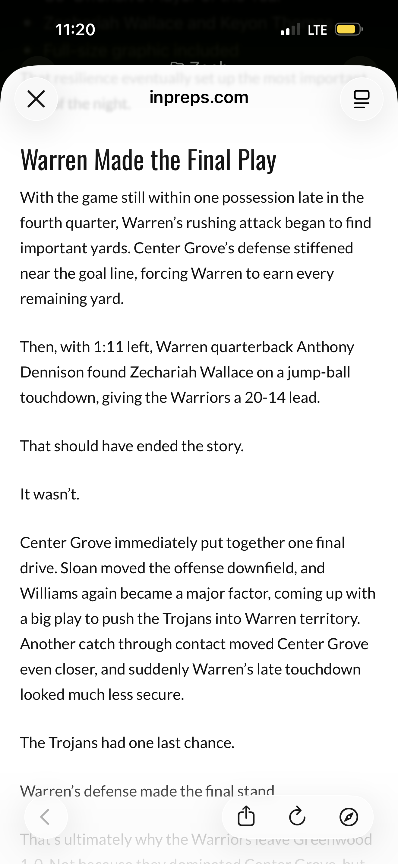 Indiana Preps article excerpt describing Zechariah Wallace's game-winning jump-ball touchdown against Center Grove