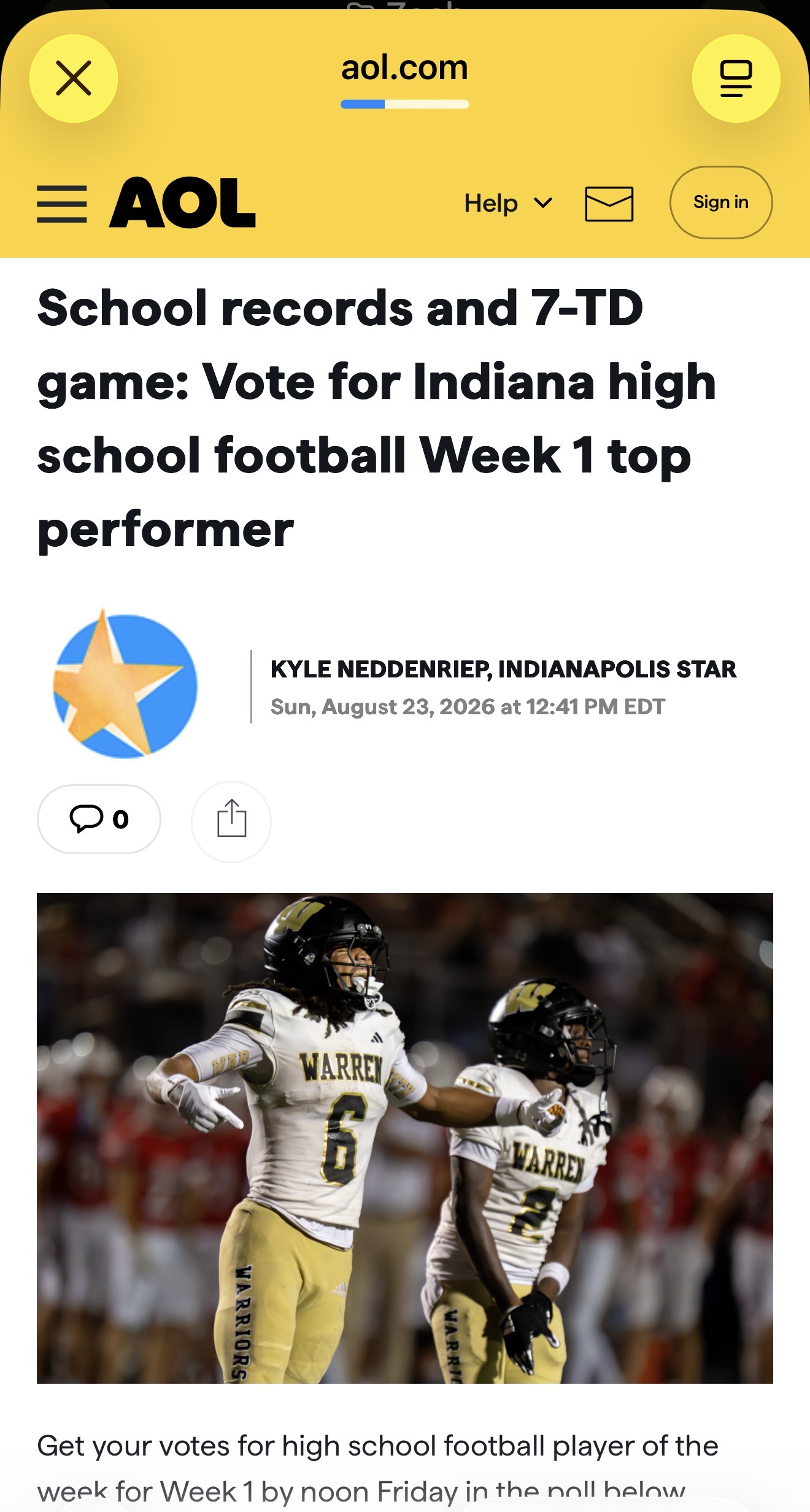IndyStar Week 1 top performer ballot article featuring Zechariah Wallace