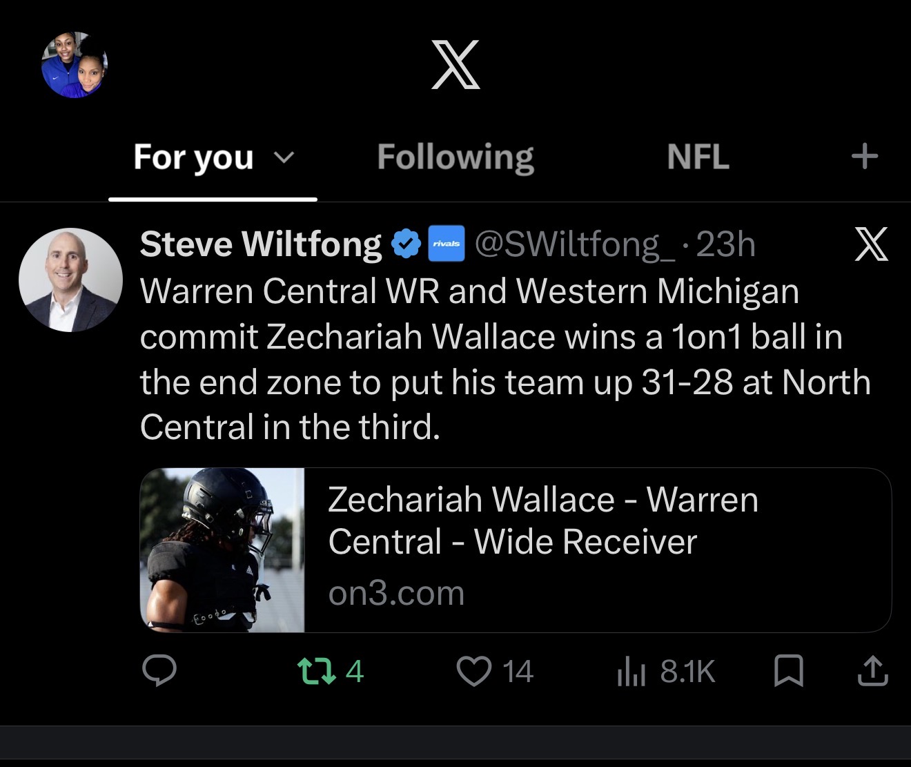 Steve Wiltfong post highlighting Zechariah Wallace's one-on-one touchdown catch against North Central