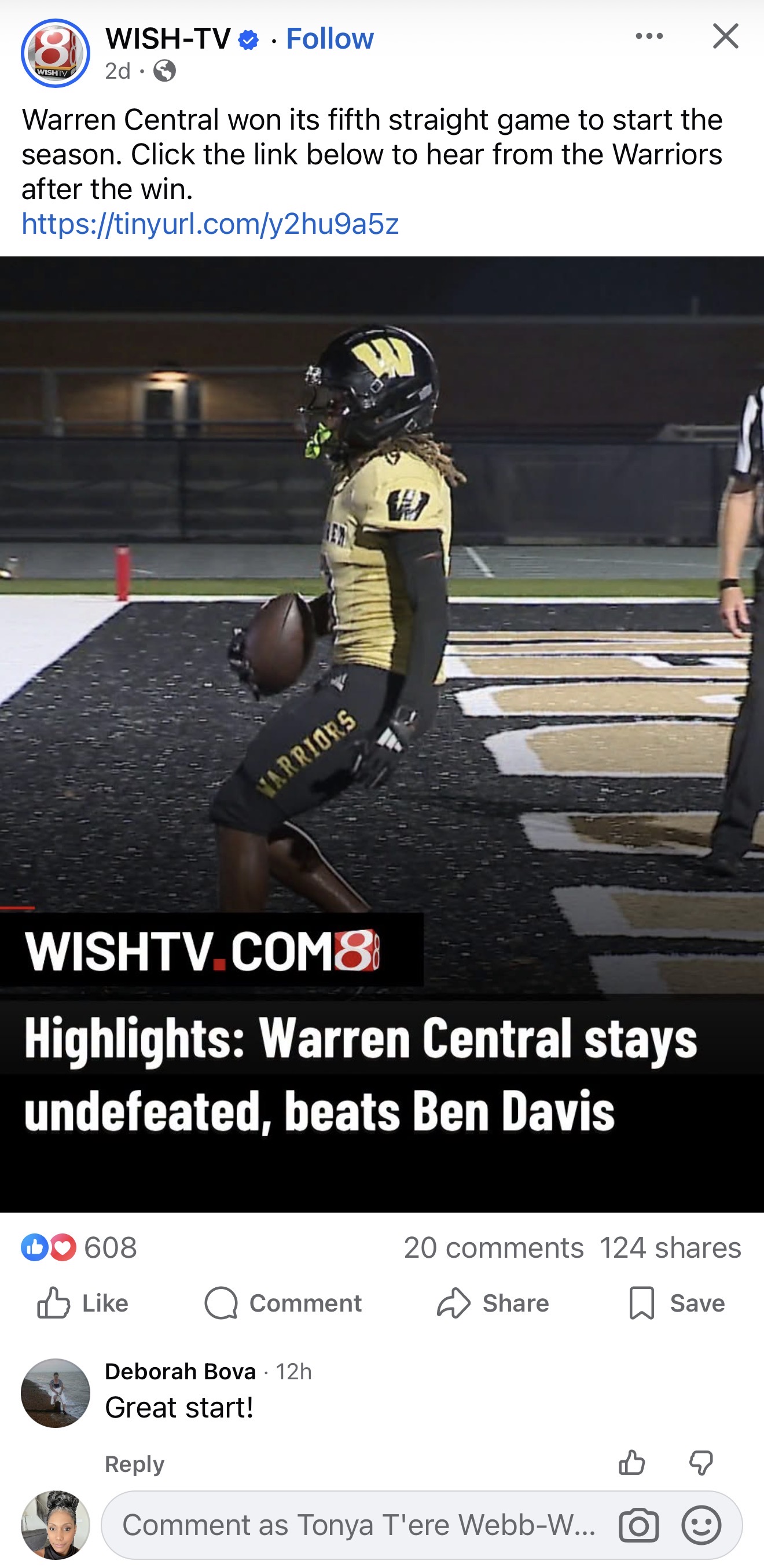 WISH-TV post showing Zechariah Wallace in the end zone after Warren Central defeated Ben Davis